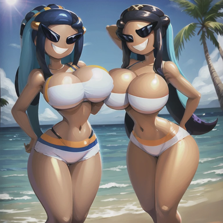 sunnymiamitf, huge breasts, narrow waist, wide hips, teeth, sunglasses, nessa \(pokemon\)