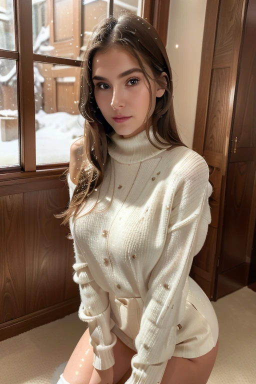 (best quality,4k,highres,masterpiece:1.2),ultra-detailed,(realistic,photorealistic,photo-realistic:1.37),portrait,teenager,young woman,lovely girl,turtleneck sweater,short skirt,stockings,snow,beautiful detailed eyes,beautiful detailed lips,long eyelashes,shoulder-length hair,fair skin,innocent smile,vivid colors,soft lighting