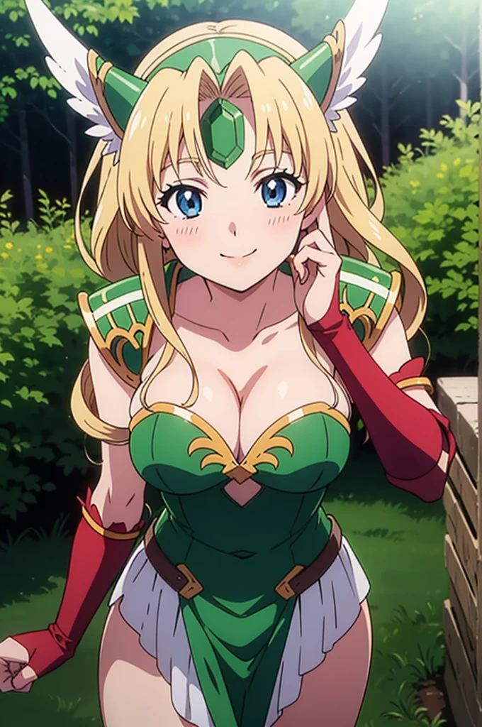 1990s \(style\), 1990s anime cels style, best quality, high resolution, forest, large breasts, cowboy shot, riesz
winged helmet, dress, armor, shoulder armor, bridal gauntlets, cleavage, blush, embarrassed, smile, from above,