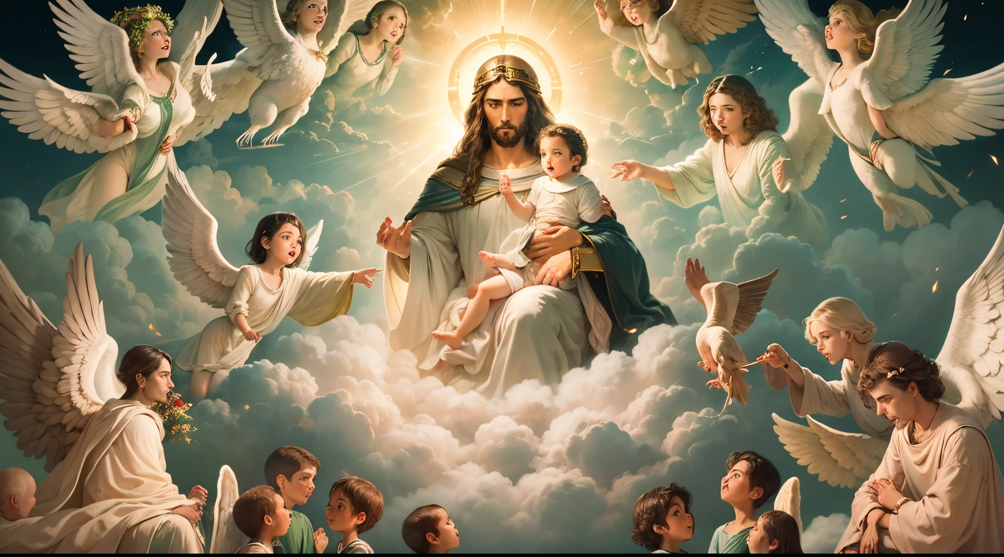 Descreva uma cena celestial e sagrada que envolva um marido, uma esposa e um filho, all surrounded by angels and watched by a white dove in the sky. Inclua elementos religiosos como o Menino Jesus, imagens sagradas, the holy Trinity and an atmosphere that evokes the holy and the sacred. Explore divine harmony and spiritual presence in this unique representation.
