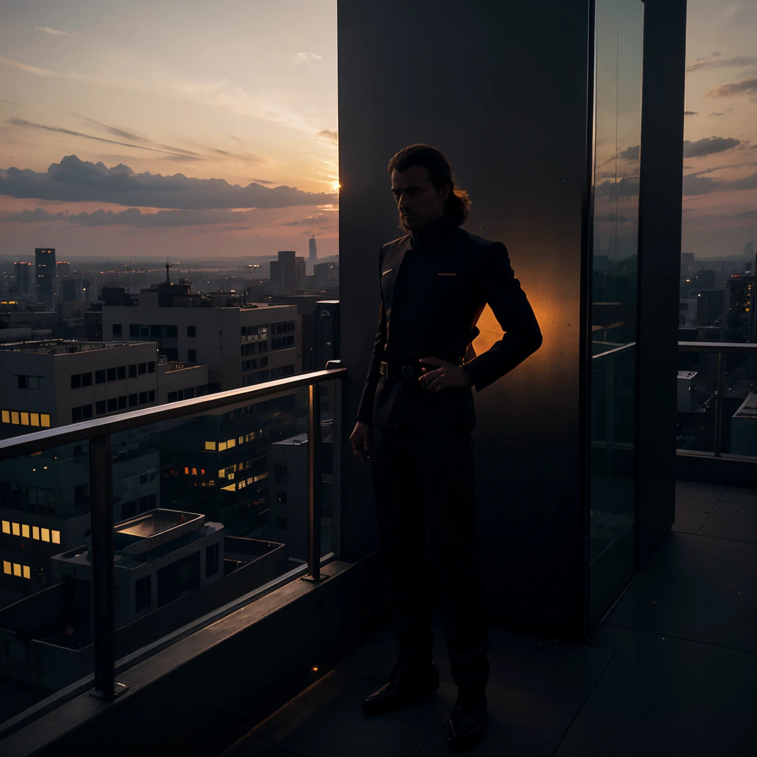 After 30 years, in a futuristic city, I am in formal wear standing alone on the roof of a robotic industry holding a glass of wine watching sunset