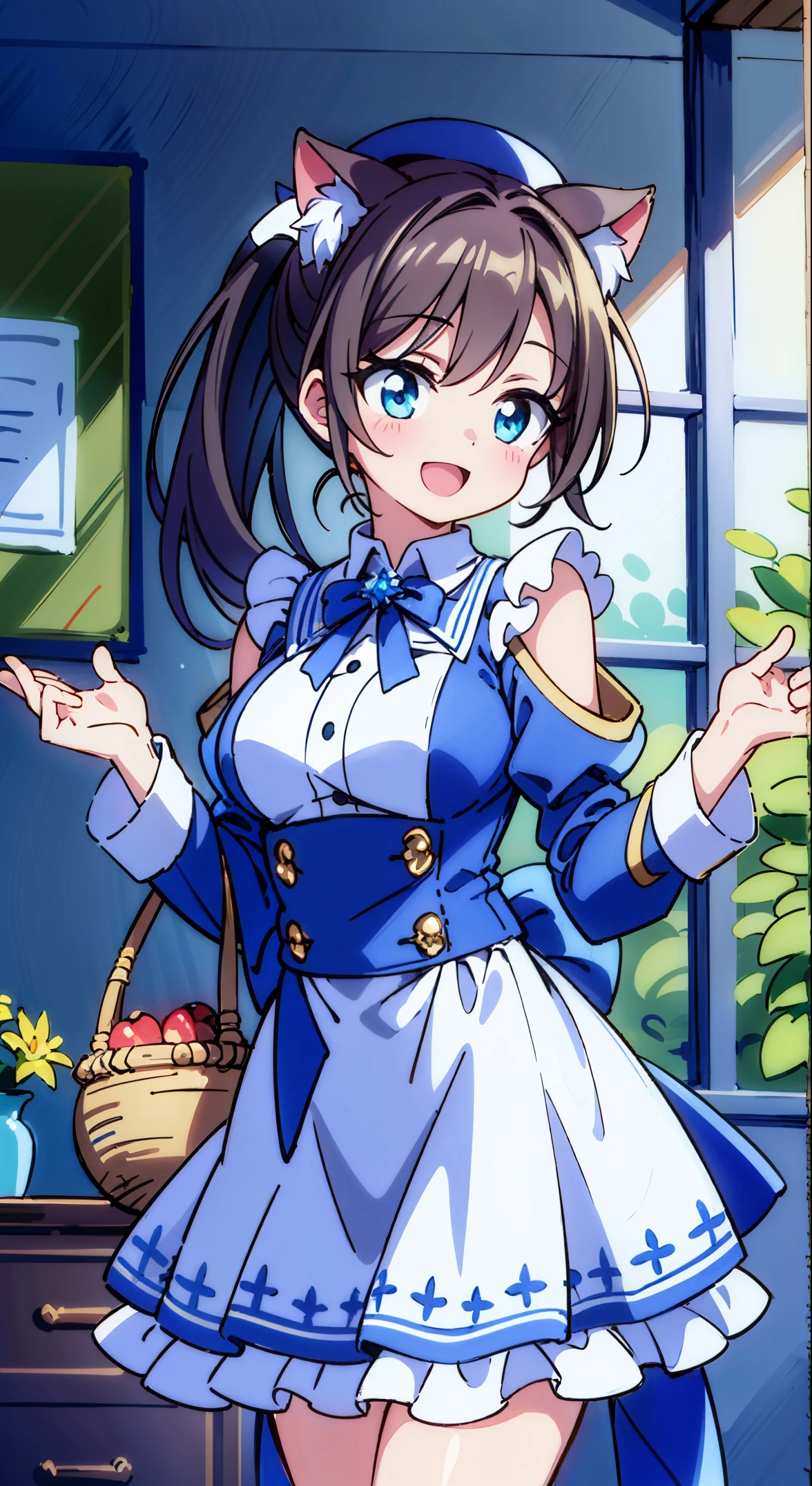 (masutepiece, Transparent air, Transparent eyes,Best Quality, Perfect Anatomy, High quality:1.4), absurderes, absolutely resolution, unbelievable Ridiculous, hight resolution, ultra-detailliert, Official art, Unity 8k壁纸, Kinetic typography,nice hand, Perfect hands, Detailed beautiful hands, Large_filesize, fulcolor, hight resolution, symmetric, exceptional, Best aesthetic, newest, Anime, very beautiful detailed body,The hair,faces,The eye, BREAK,  1 beautiful girl, (17 years old girl), Very detailed, colourfull, highest details, BREAK, (Huge breasts: 1. 2,), Clear skin, Beautiful skin, Shy skin, 1 beautiful girl, Brown hair, (Cat ears, Ponytail, medium-Long hair: 1. 2), (Light blue eyes, long eyelashes, Double eyelids: 1. 2),Solo,gleaming skin, Clear skin, Beautiful skin,(best quality face),(Top quality glowing eyes),(The best smile,:D:1.45), 

BREAK,Indoor, (Narrow waist), wide hips, Casual Parisian Stripes Look,
Breton striped top, knee-length A-line skirt,
Ballet flats, wool beret, draped scarf,
Minimal accessories, like a wristwatch and a trench coat,,(Happy,Smile:1.3), (((Cute Patchwork Quilt,kawaii room,Embroidery Accessories,)))(((Girly Goods,Cute Quilted Patchwork Toys,bow ribbon,Quilt Patchwork,basket))),

,BREAK,(((to stand))), In the garden, Daylight, Detailed background, The table,Showroom,tee,basket,bottles,butter,flower,a cake,food,hawke,] Knives,fruit,Cute glass teapot,raspberry,Fruit Pound Cake,fruitcake,Fruit tart,apple pie,daisy,veggies,.........jar,vases,bottles,Leaves,Lemon cake,Lily_(flower),Apron,Kotaheko Address, (((((head-on))))),Waterfall,depth of fields,

 BREAK,wakame,wakame,wakame,(Cowboy Shot:1.4), 

BREAK,(Blurry background:1.3),(absurderes, hight resolution, Super Detail Art),cel shading,Clear Color, Lonely optical effect, Beautiful pictures, Bright glow, mystic atmosphere,(Close-up of girl:1.1), Mystical light particle effect,manga influence, clean line drawings,