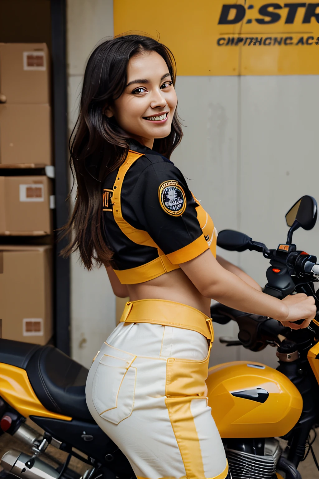 This portrayal features a woman elegantly attired in a courier uniform with a sophisticated blend of black, orange, and yellow colors, radiating genuine and positive energy. Her warm smile and joy-filled eyes reflect sincerity, complemented by the presence of a yellow, black, and orange courier motorbike. With her back turned, she reveals the stylish details of her attire, presenting an air of confidence and competence. The 'Courier' label on her uniform and motorbike signifies her commitment to prompt and reliable deliveries. elinde tablet var