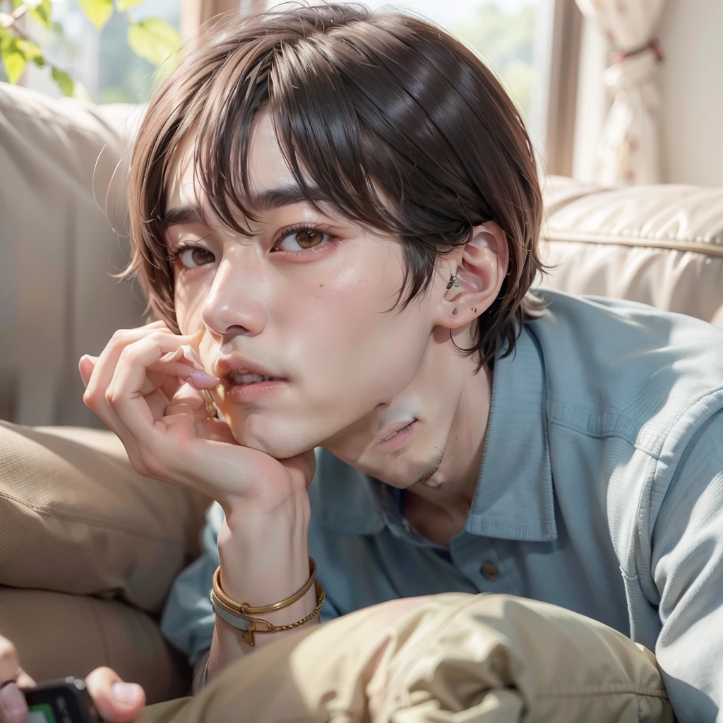 arafed photo of a man sitting on a couch with a remote, taehyung eating gucci fries, cai xukun, jungkook, official photos, inspired by Kun Can, mischievous look, photoshoot, beautiful young prince, wry smirk, taejune kim, all from the group nct, ten lee, bts, young wan angel, cant believe it is real