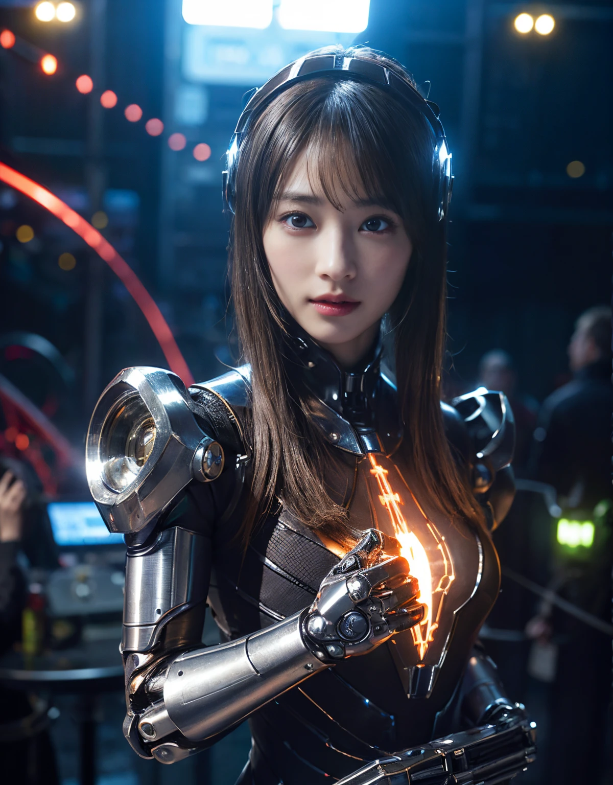 (1 mechanical girl and 1 alien)、(Mystical expression)、top-quality、masterpiece、超A high resolution、(Photorealsitic:1.4)、Raw photo、女の子1人、glowy skin、(((1 Mechanical Girl)))、((transparent crystal suit bodysuit、The body can see through)).(Natural alien background to fight aliens)、(Small LED)、((super realistic details))),globalillumination、Shadow、octan render、8K、ultrasharp、Robot background、Colossal tits、Raw skin exposed in the cleavage、red metal、Details of complex ornaments、Japan details、highly intricate detail、Realistic light、(Mystical expression),CG Society Trenlow Eyes、Eyes shining towards the camera、Mechanical marginal blood vessels connected to neon detail tubes)、(Wires and cables connecting to the head)、Small LED、,Mechanical thighs、Toostock、(Hands are also made of machines)、机器人、future alien、Please wear a mechanical helmet、