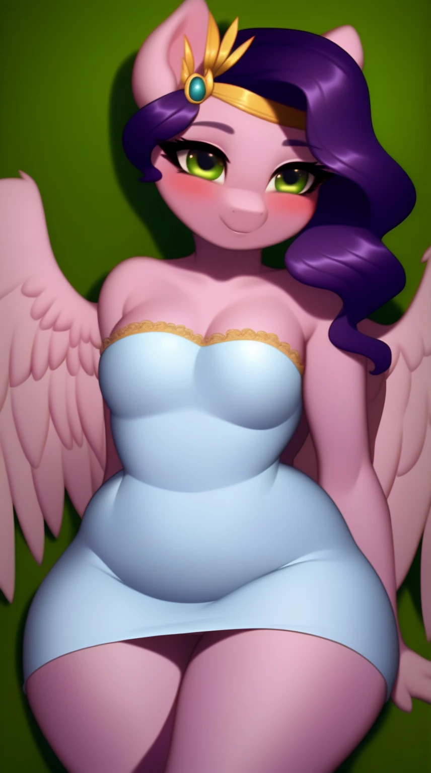 (score_9), (source_pony), (solo), (pegasus), ((anthro pipp petals :1.1)), (cute dress), pantie lines, sexy, blushing, seductive look, long hair, anatomically correct, night garden, very flat chest, half body, anime art style, solo, light purple fur, green eyes, hourglass figure, curvy, wide hips, plump body, young, short, chubby, cute, high res, thick thighs, facing straight at viewer, thick thighs