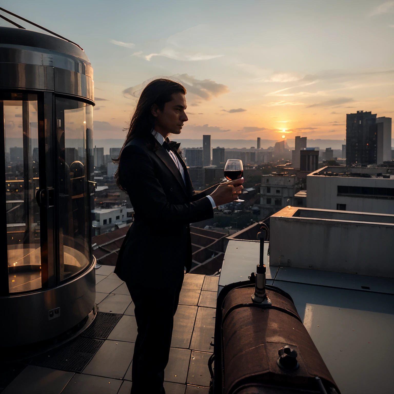 After 30 years, in a futuristic city, I am in formal wear standing alone on the roof of a robotic industry holding a glass of wine watching sunset