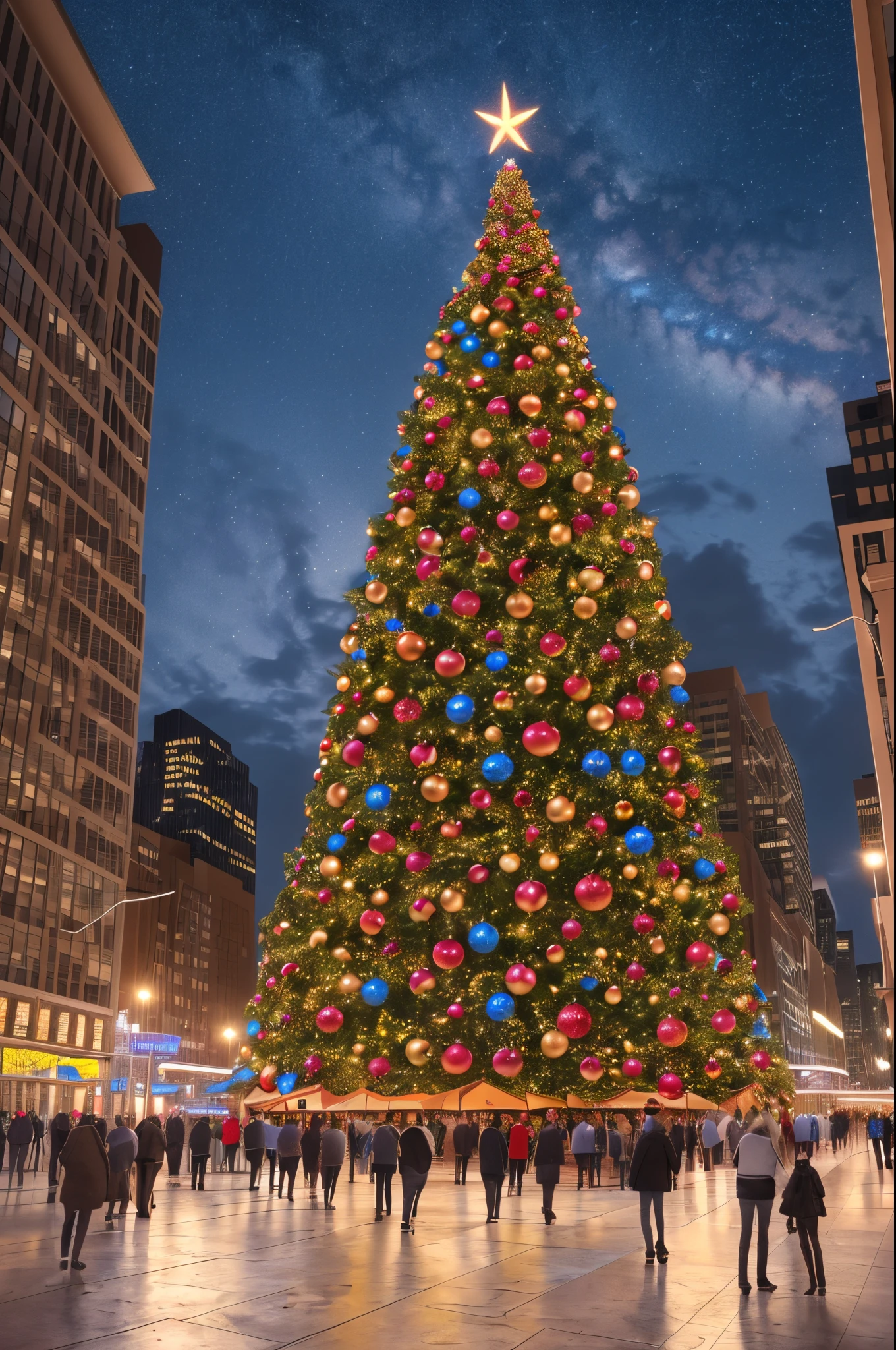 photorealistic view of a giant Christmas tree in New York, with colorful LED lights, (highly detailed artwork), people  skating, 8k ultra hd --auto --s2