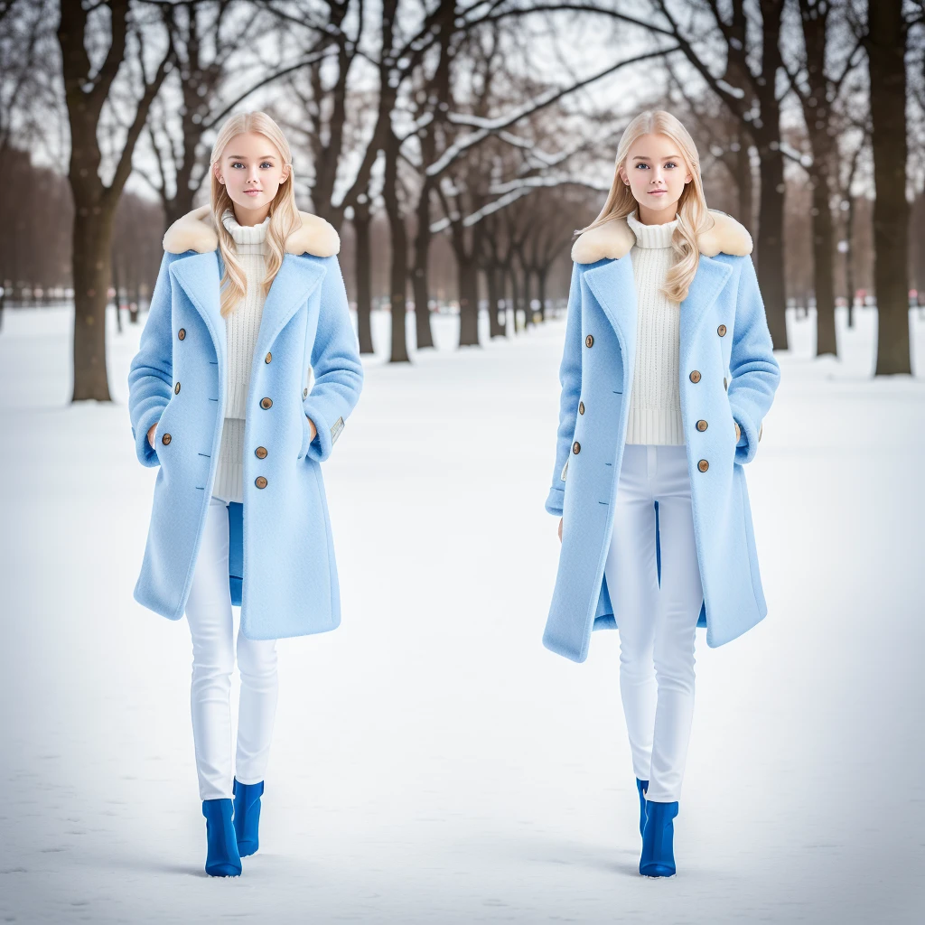 Nikon Z 85mm, Beautiful, Petite 20-year-old supermodel, a blond, Bright blue eyes, Fit, Petite, skinny, ((High detailed skin, Skin Details)), Sharp Focus, 8K UHD, Digital SLR, High quality, gorgeous russian face, wearing blue winter coat and white pants, walking in a park.