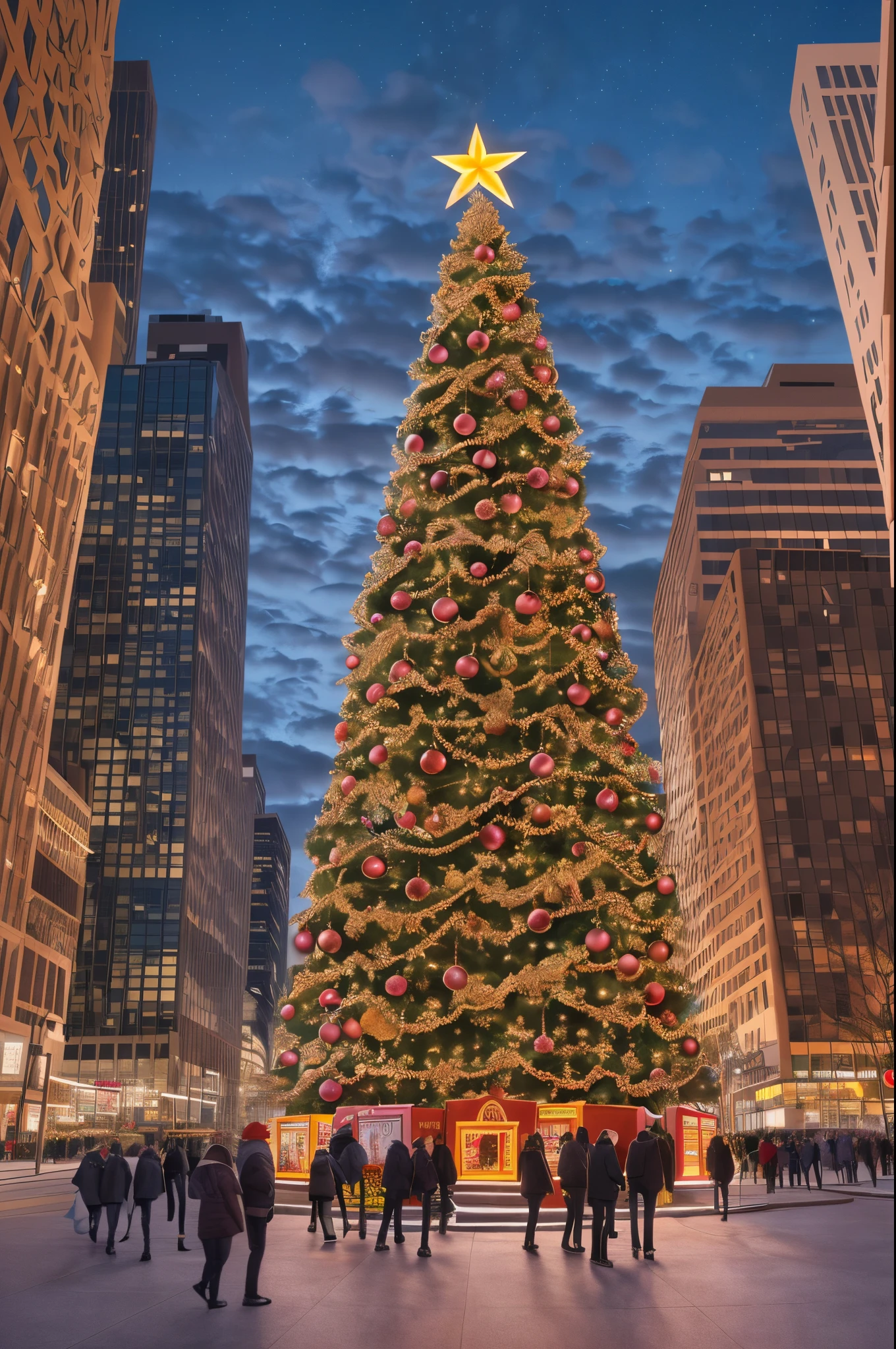 photorealistic view of a giant Christmas tree in New York, with colorful LED lights, (highly detailed artwork), people  skating, 8k ultra hd --auto --s2