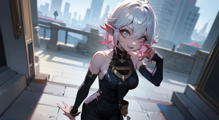 (masterpiece, best quality, ultra-detailed), 1girl, BriarLoL, grey skin, white hair, short hair, (pointy ears, sharp teeth), looking at viewer, walking, smile, in the city, aerial shot