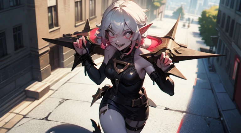 (masterpiece, best quality, ultra-detailed), 1girl, BriarLoL, grey skin, white hair, short hair, (pointy ears, sharp teeth), looking at viewer, walking, smile, in the city, aerial shot