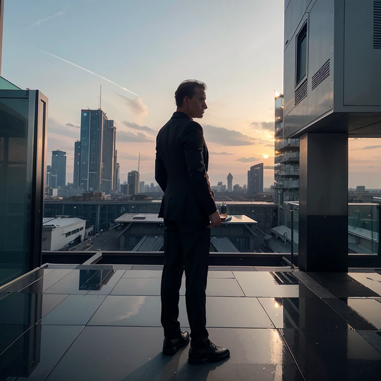 After 30 years, in a futuristic city, I am in formal wear standing alone showing my back side on the roof of a robotic industry holding a glass of wine watching sunset, from the roof whole city can be visible where I am standing on the highest building
