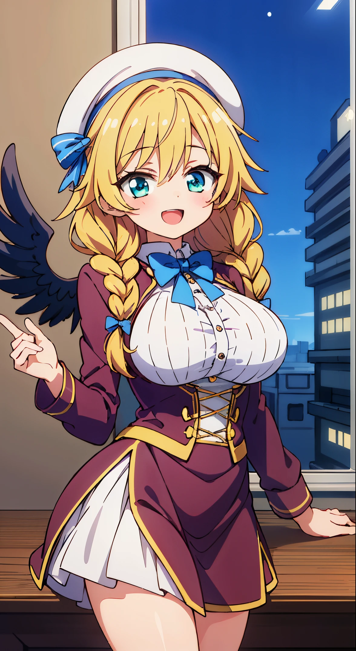 (masutepiece, Transparent air, Transparent eyes,Best Quality, Perfect Anatomy, High quality:1.4), absurderes, absolutely resolution, unbelievable Ridiculous, hight resolution, ultra-detailliert, Official art, Unity 8k壁纸, Kinetic typography,nice hand, Perfect hands, Detailed beautiful hands, Large_filesize, fulcolor, hight resolution, symmetric, exceptional, Best aesthetic, newest, Anime, very beautiful detailed body,The hair,faces,The eye, BREAK, 1 beautiful girl, girl with, (Cute:1.5),(Chibi:0.5),(kawaii:2.0),(Lori:2.0),(12 year old girl),(large full breasts:1.65),(Ahoge,Twin braids,Blonde hair, blue bow, Green eyes,eyebrows visible through hair,side locks,Parted bangs,Long hair, Hair Flower, Hair Ornament, Big ribbon in the hair, Curly hair,Bow:1.4),:el,White feathers, one white winged, Angel wings,Spread wings, Glowing wings),pitt \(Kid Icarus\),gleaming skin, Clear skin, shining beautiful skin, Open mouth,Smile, Solo, tusk, Upper teeth,(long eyelashes, Double eyelids:1.2),Solo,gleaming skin, Clear skin, Beautiful skin,(best quality face),(Top quality glowing eyes),(The best smile,Doya face:1.45), BREAK,
casual parisian striped look,
breton striped tops, knee-length A-line skirt,
ballet flats, wool beret, drape scarf,
minimal accessories, Like a watch or a trench coat,
BREAK(Office, desk work, whiteboard, sofa, buildings from window,Makuhoku Computer,
(upward looking gaze :1.2) ,
Looking Up ,
From above ,depth of fields,
BREAK,wakame,wakame,wakame,(Cowboy Shot:1.4),
BREAK,(Blurry background:1.3),(absurderes, hight resolution, Super Detail Art),cel shading,Clear Color, Lonely optical effect, Beautiful pictures, Bright glow, mystic atmosphere,(Close-up of girl:1.1), Mystical light particle effect,manga influence, clean line drawings,