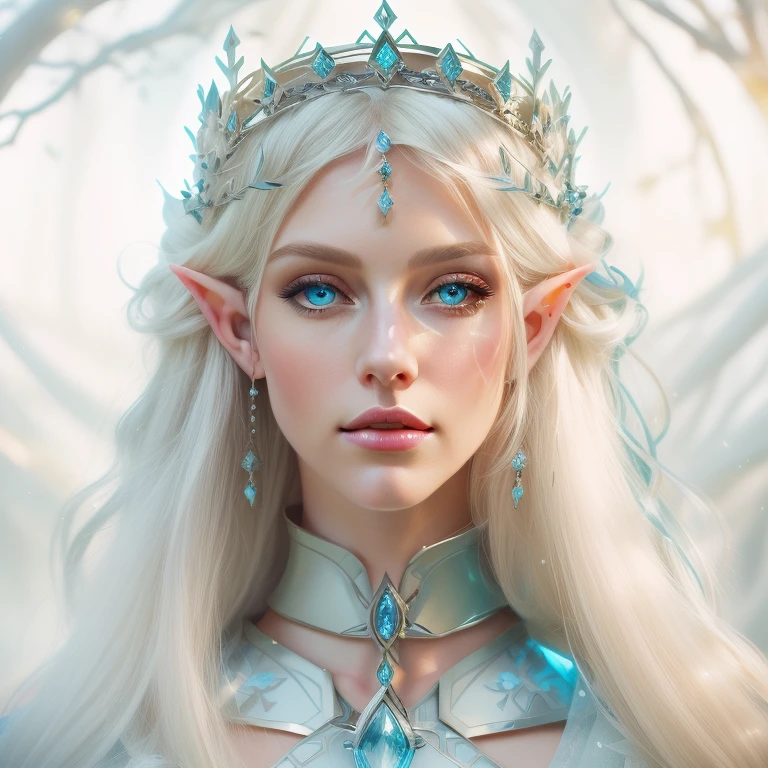Close-up of a woman with a crown on her head, Close-up of a girl of European appearance with long white hair and blue eyes and plump lips, Portrait of a European-looking elf woman with long white hair and blue eyes, long white hair blue eyes, Beautiful and elegant elf with long white hair and blue eyes, Wedding Portrait of the Elf Queen, beautiful and elegant elf queen, elf queen, Detailed matte fantasy portrait, fantasy concept art portrait, elf queen, alexandra fomina artstation, elegant cinematic fantasy art, fantasy portrait art, fantasy art portrait, The River Princess, beautiful elven princess, elf princess, Detailed matte fantasy portrait, fantasy concept art portrait, elegant cinematic fantasy art, fantasy portrait art, beautiful elven princess, fantasy art portrait, elf princess