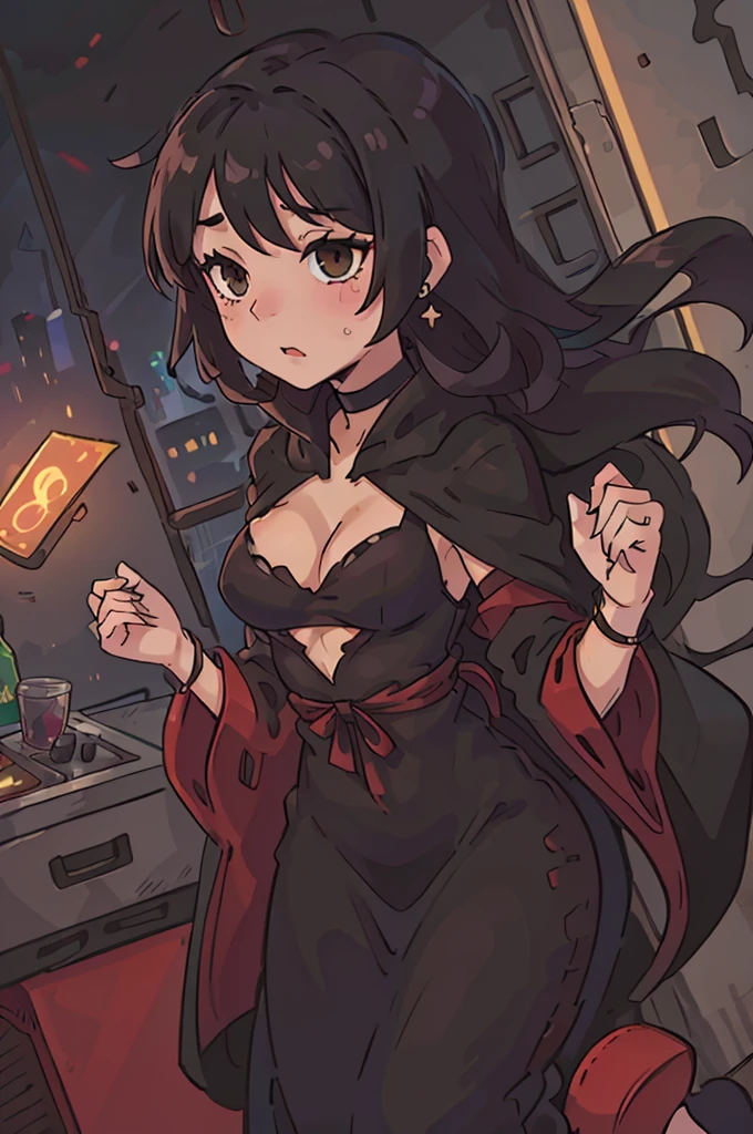 long dress, black dress, black hair, long hair, brown eyes, nightclub, cleavage, small boobs, black cloak, silver jewelry, rubies, black choker