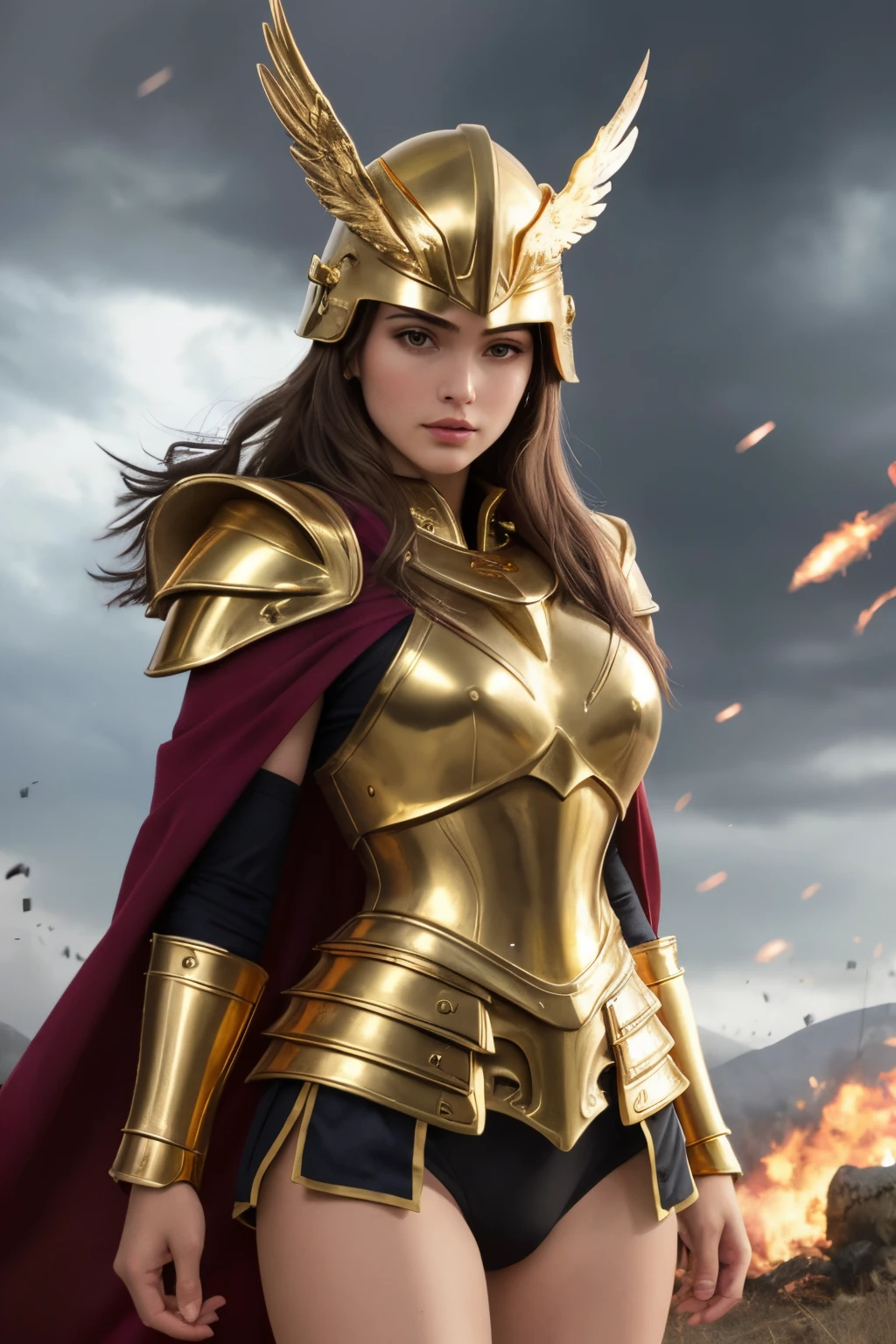 ((Best quality at best)), ((tmasterpiece)), (Detailed pubic hair), s the perfect face,She has a goddess-like face, delicate skin, perfect figure, rich details, gold helmet, silver armor, and gold-plated aegis, just like a female warrior; purple-red cloak, golden eagle-wing helmet, majestic, battle scenes, Kill enemies on the battlefield, magic, violent storms