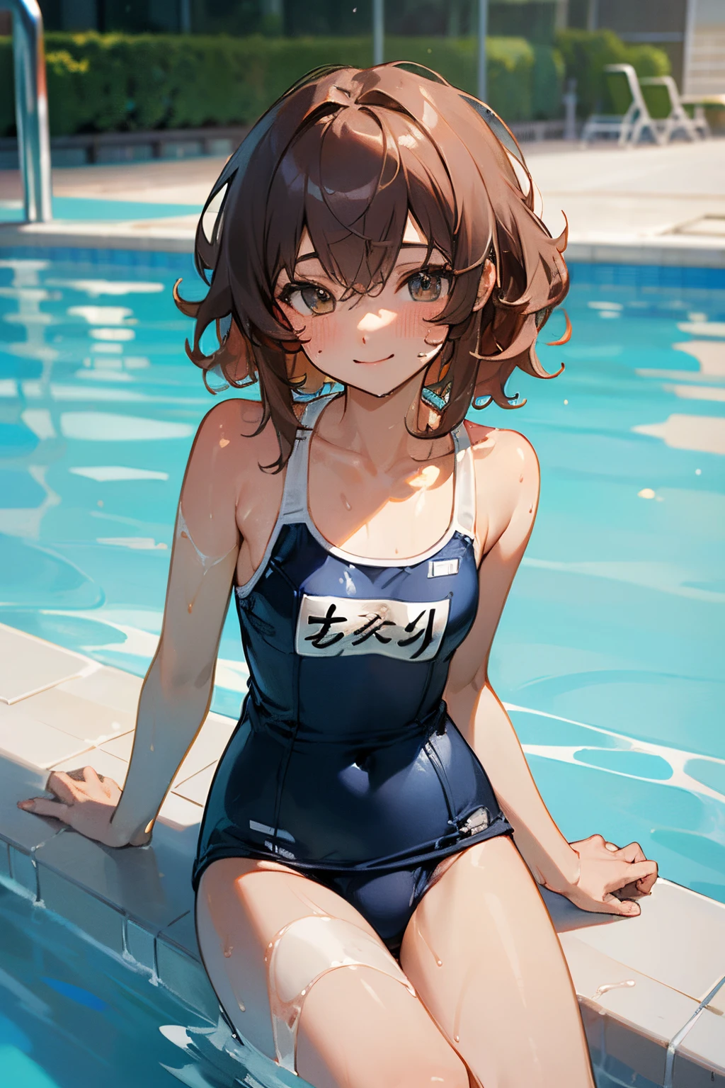 (One girl)、smile、Red swimsuit、Poolside、Dark brown short hair、Dark brown eyes、Spread your legs