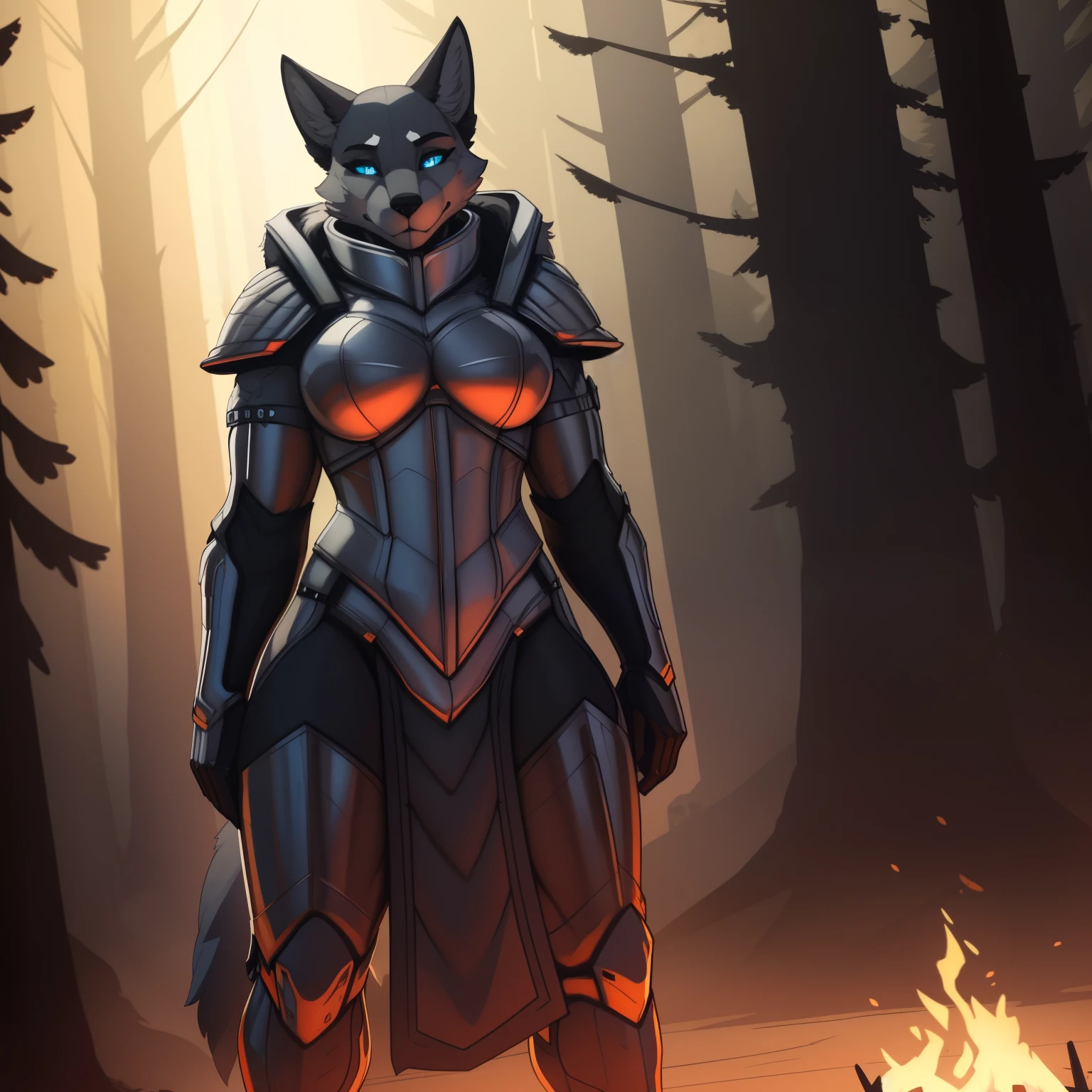 Tall_muscular_wolf female dark_gray_furry_body blue_eyes very_fluffy hazy_sky forest_fire solo Masterpiece best_quality absurdres highly_detailed cleanly_drawn_eyes anthro_only by_claweddrip, by_greasymojo, by_underscore-b, by_runawaystride silver_full_armor