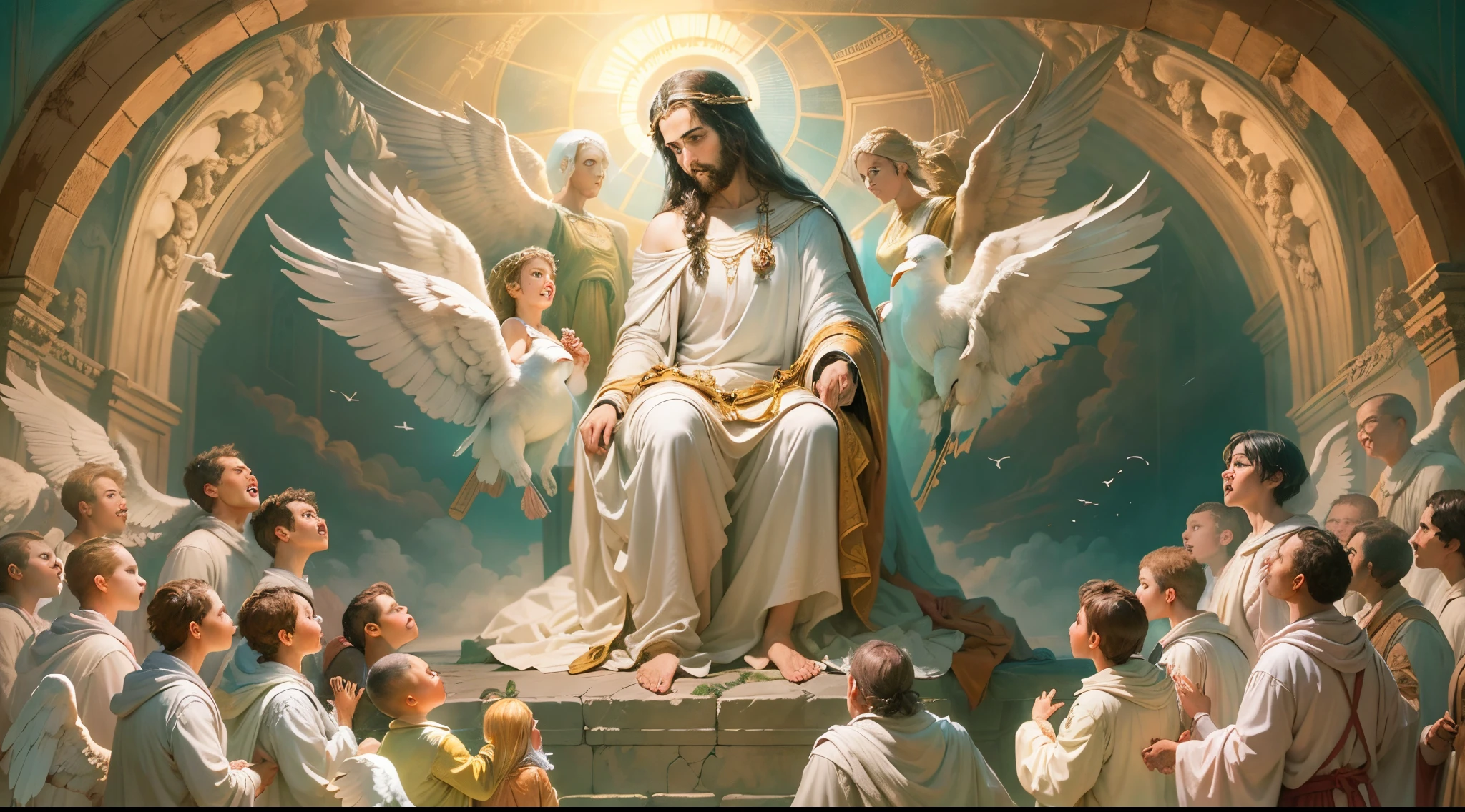 Image of the third heaven, Jesus on the sublime and majestic throne, with the cherubim and seraphim covering his face. Shining the glory of God.