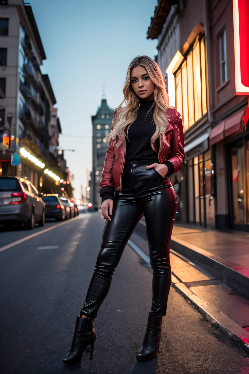 Comprimento total, Branco, Blonde woman standing in a whistler square ( - Canada), vestindo uma jaqueta de couro verde sobre um fino, tanque transparente de corte baixo. She wears matte black leather pants. A mulher tem um lindo, Tonificado,  Corpo. the image is realistic, altamente detalhado. Very high resolution, 8K rendering, Illumination in the late afternoon with the sun setting and the horizon red. The city lights are on. The lighting is perfect, The scene is crisp, Realismo extremo, Cinematic image.