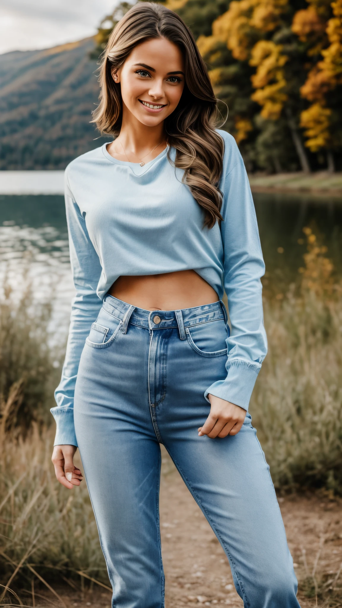 Hyper realistic and detailed full body photo of american smiling beautiful woman looks directly at the camera wearing a tight long sleeve casual light blue jeans outfit. Lake. sun is shining. Perfect butt. Sharp light. perfect eyes, (Eye makeup:1.1), (highly detailed skin:1.1), RAW, analog style, sharp focus, 8k UHD, DSLR, high quality, Fujifilm XT3, grain, award winning, masterpiece.
