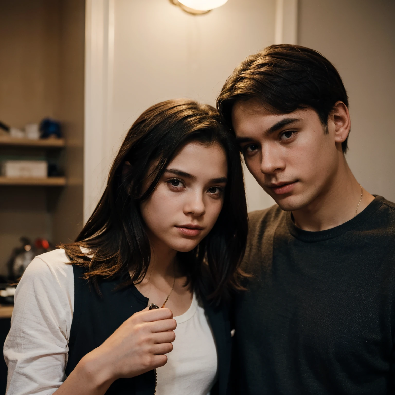 A boy and a girl standing in front of each other the boy is holding a guy pointed at the girl and the girl is holding a knife which is at the boys neck and it's bleeding a little bit