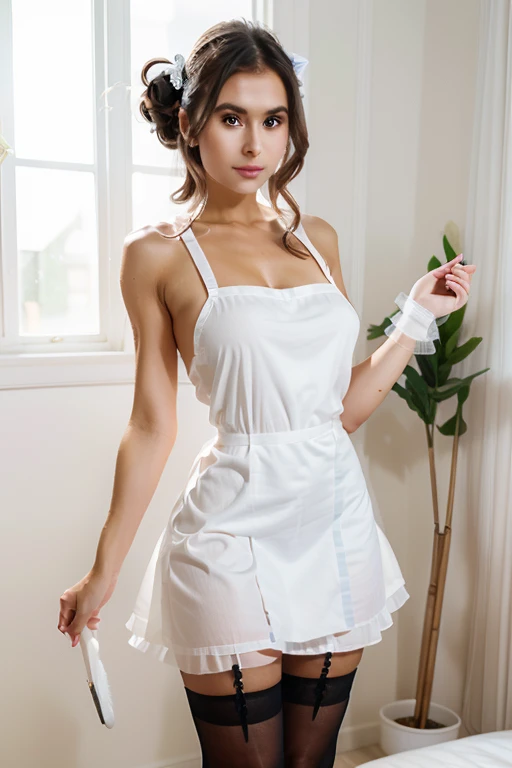 One seductive girl in French maid costume with a feather duster,clean and tidy room,meticulous cleaning,perfectly pressed uniform,(white apron, (black) dress,black stockings),neatly styled hair,innocent eyes,feminine elegance,subtle makeup,seductive smile,polished shoes,professional attitude,flawless appearance,dainty accessories,beautifully arranged flowers,shiny crystal ornaments,elegant furniture,impeccable attention to detail,well-organized cleaning tools,gleaming surfaces,brightly lit room,dappled sunlight streaming through the window,soft pastel color palette,vintage decor,romantic atmosphere. (best quality,4k,8k,high res,masterpiece:1.2),ultra-detailed,(realistic,photo realistic,photo-realistic:1.37),portrait,light and airy colors,soft and delicate lighting.