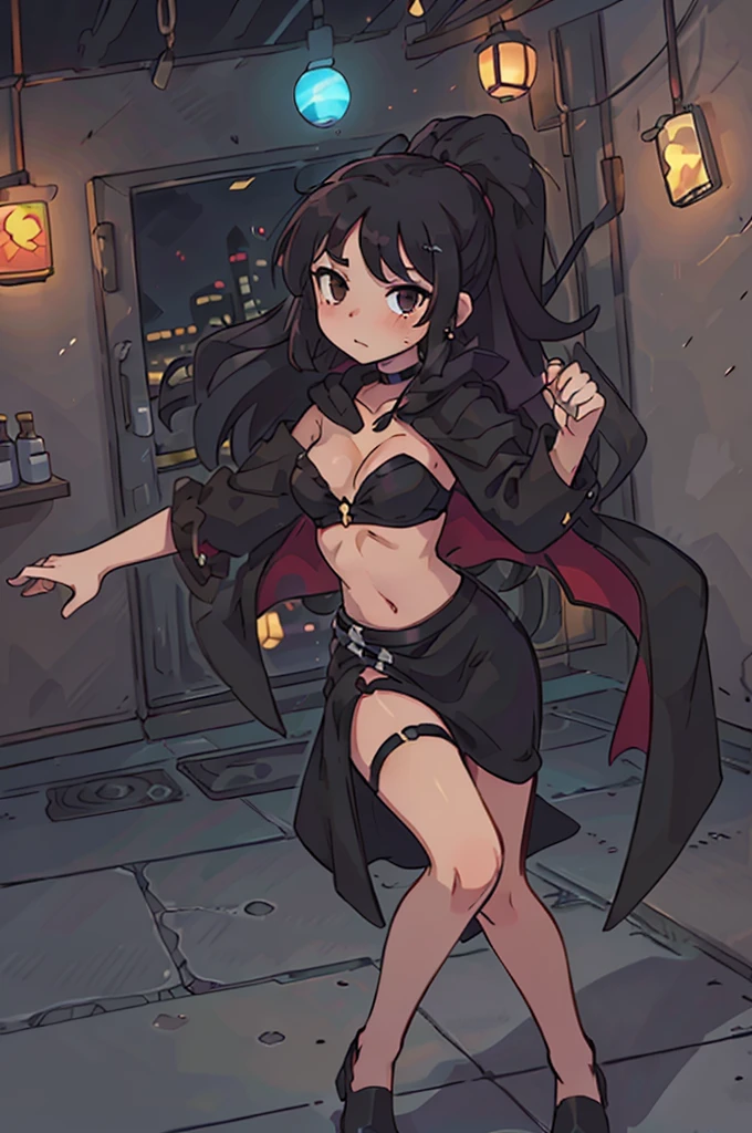 long dress, black dress, black hair, long hair, brown eyes, nightclub, cleavage, small boobs, black cloak, silver jewelry, rubies, black choker, dancing, midriff, legs, strapless