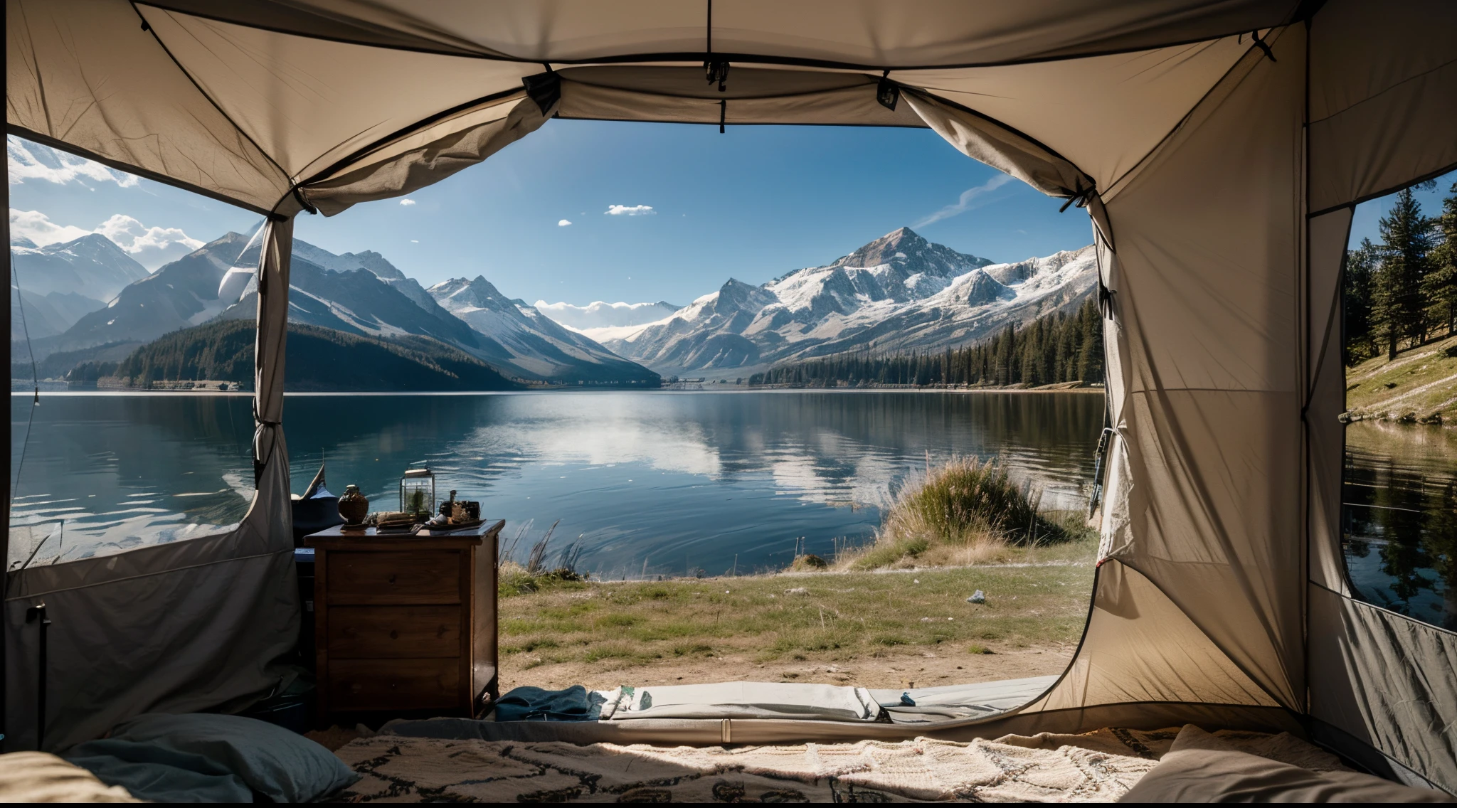 interior of a tent, a woman sleeping in a tent, a woman sleeping wrapped in a blanket, interior of a tent overlooking the lake, tent view from the inside, photorealistic, high quality, 8K, high detail,