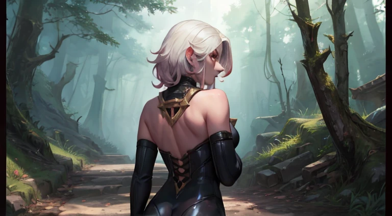 black body suit, briar, league of legends, white hair, white eyes, in woods, back turned