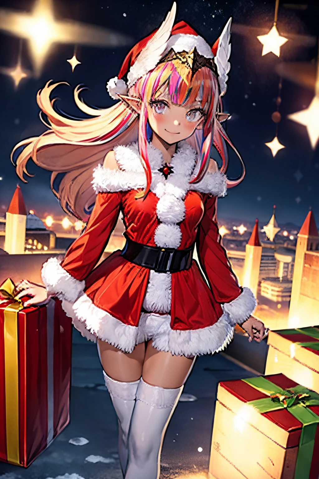 {Circe_FGO:1.15}, pointed_Ears, Pink_hair, santa hat in head, Wings, fringe, feathered_Wings, Long_hair, jewel, smile, small breasts, , blush, small_breasts, multicolored_eye, 1girl, bracelet, looking_at_viewer, , tiara,santa klaus costume, red santa claus hat, santa klaus outfits, christmas outfit, sey clothes, red christmas clothes, in the space, presents in background, best quality, master piece, Tall, alone,