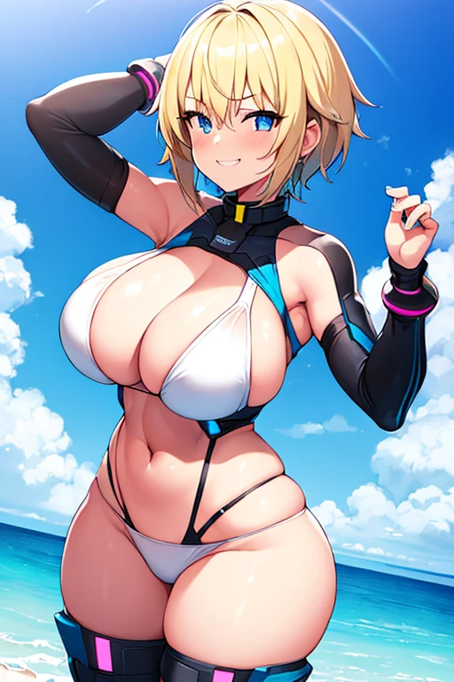 1girl, tomboy, breasts, large breasts, wide hips, thick thighs, blonde hair, beach, futuristic, tech, science-fiction, smile, smirk, smug, bikini, white bikini, neon, neon trim, blue eyes, very short hair, short hair, pixie cut, blue neon trim, blue trim