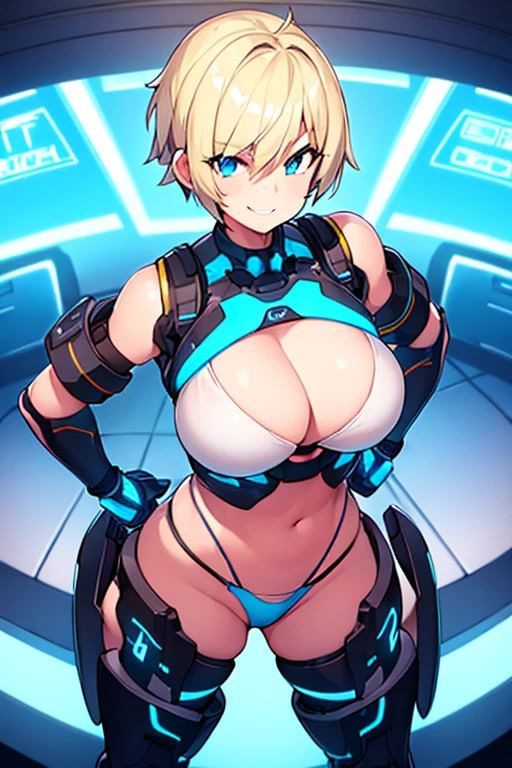 1girl, tomboy, breasts, large breasts, wide hips, thick thighs, blonde hair, beach, futuristic, tech, science-fiction, smile, smirk, smug, bikini, white bikini, neon, neon trim, blue eyes, very short hair, short hair, pixie cut, blue neon trim, blue trim