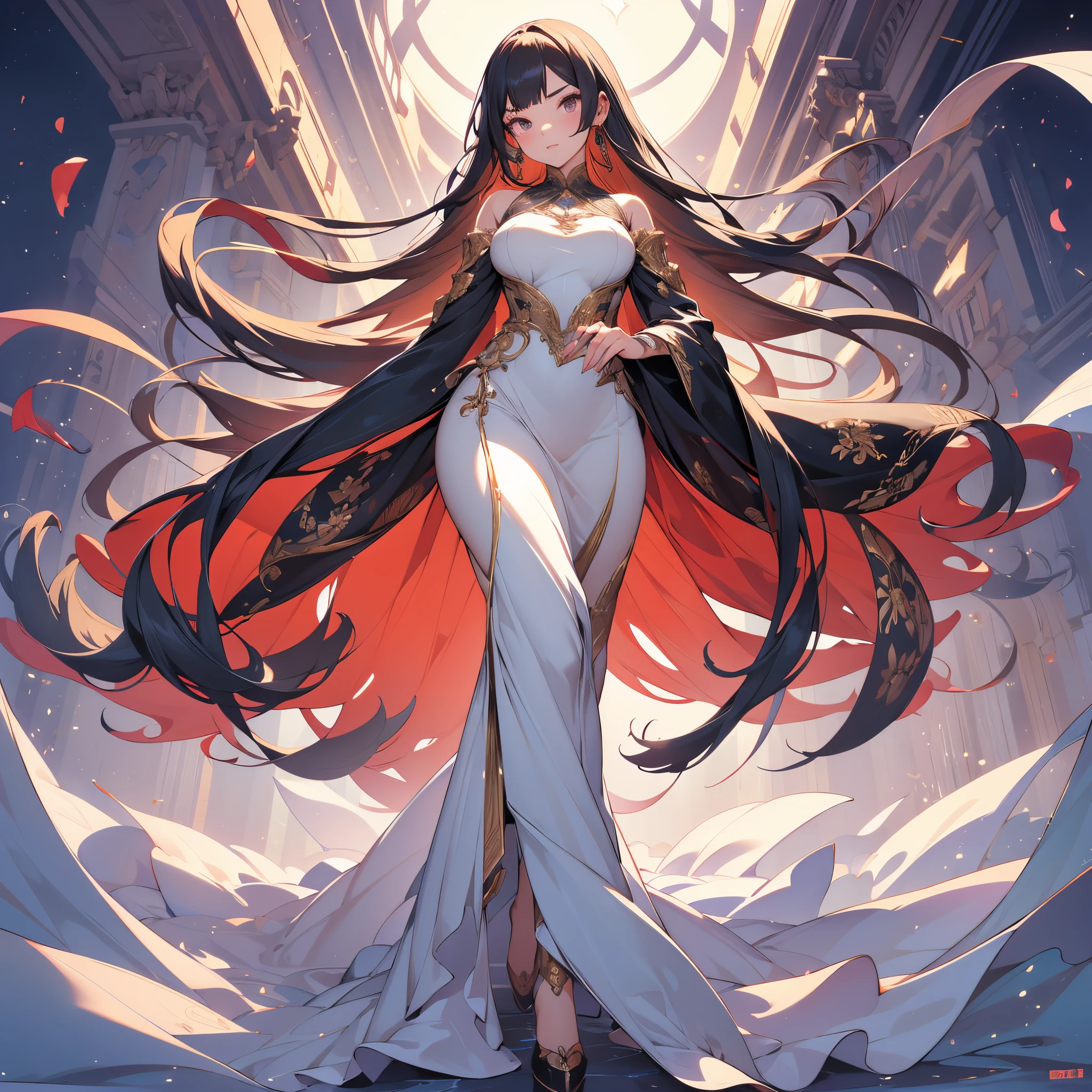 1 girl, detailed symmetrical face, long flowing hair, long dress intricately detailed, mid action walking pose, perfect anatomy, perfect hands, perfect fingers, 8k, high resolution, high quality, masterpiece