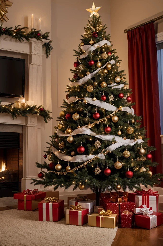 living room with chritsmas decoration, a big christmas tree, a fireplace (RAW photo, real, best quality, masterpiece:1.2), detailed, (hyper realistic, photo-realistic:1.2), high quality, (dark lighting:1.2), perfect lighting
