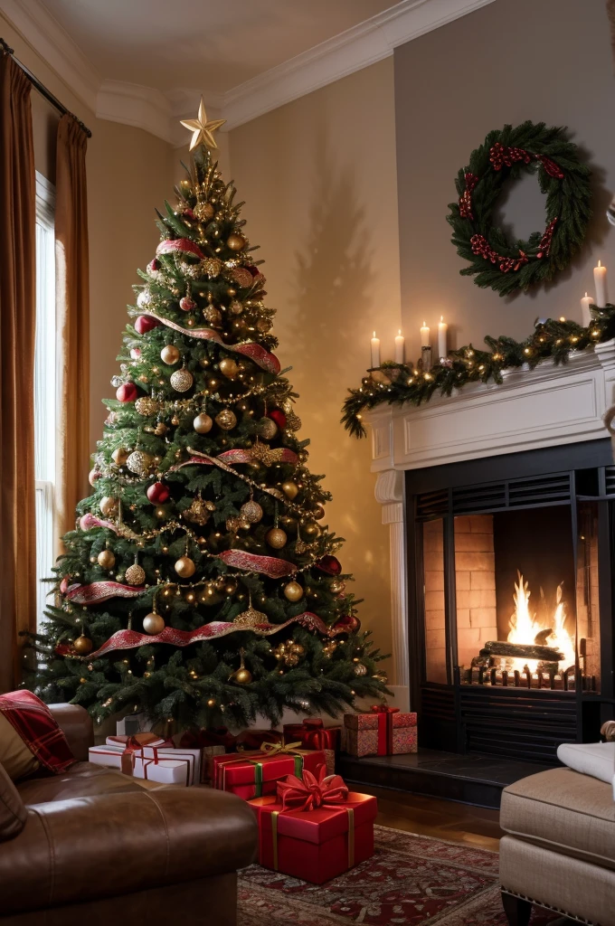 living room with chritsmas decoration, a big christmas tree, a fireplace (RAW photo, real, best quality, masterpiece:1.2), detailed, (hyper realistic, photo-realistic:1.2), high quality, (dark lighting:1.2), perfect lighting