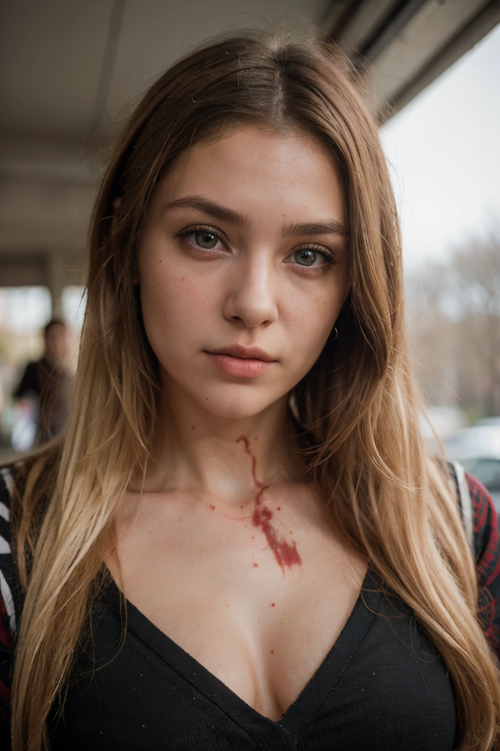 photography of a 20yo woman, perfect face, blood, ((((murderer outfit)))), detailed eyes, ((blonde)).