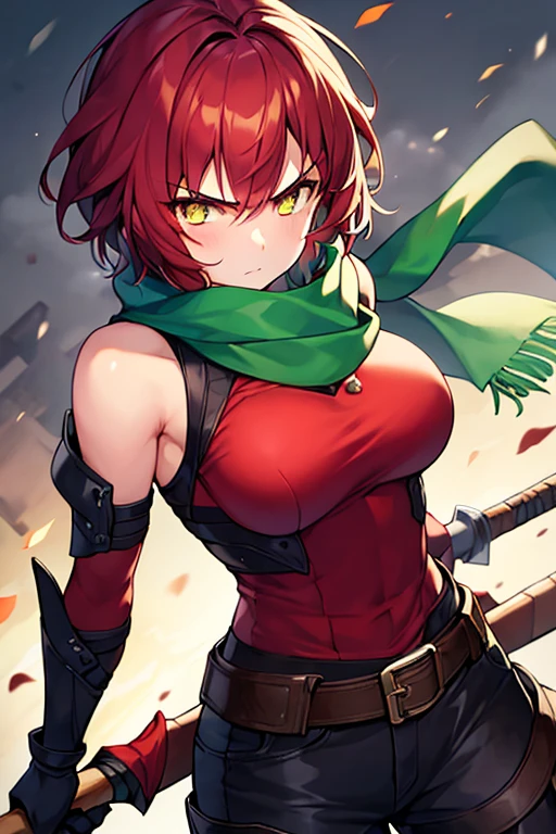 1girl, short hair, medium hair, angry, axe, green scarf, scar, scar on face, covered mouth, glowing eyes, breasts, medium breasts, red shirt, shoulder armor, black pants, belt, red hair,