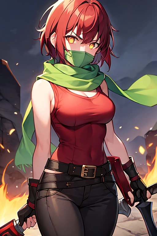 1girl, short hair, medium hair, angry, axe, green scarf, scar, scar on face, covered mouth, glowing eyes, breasts, medium breasts, red shirt, shoulder armor, black pants, belt, red hair,