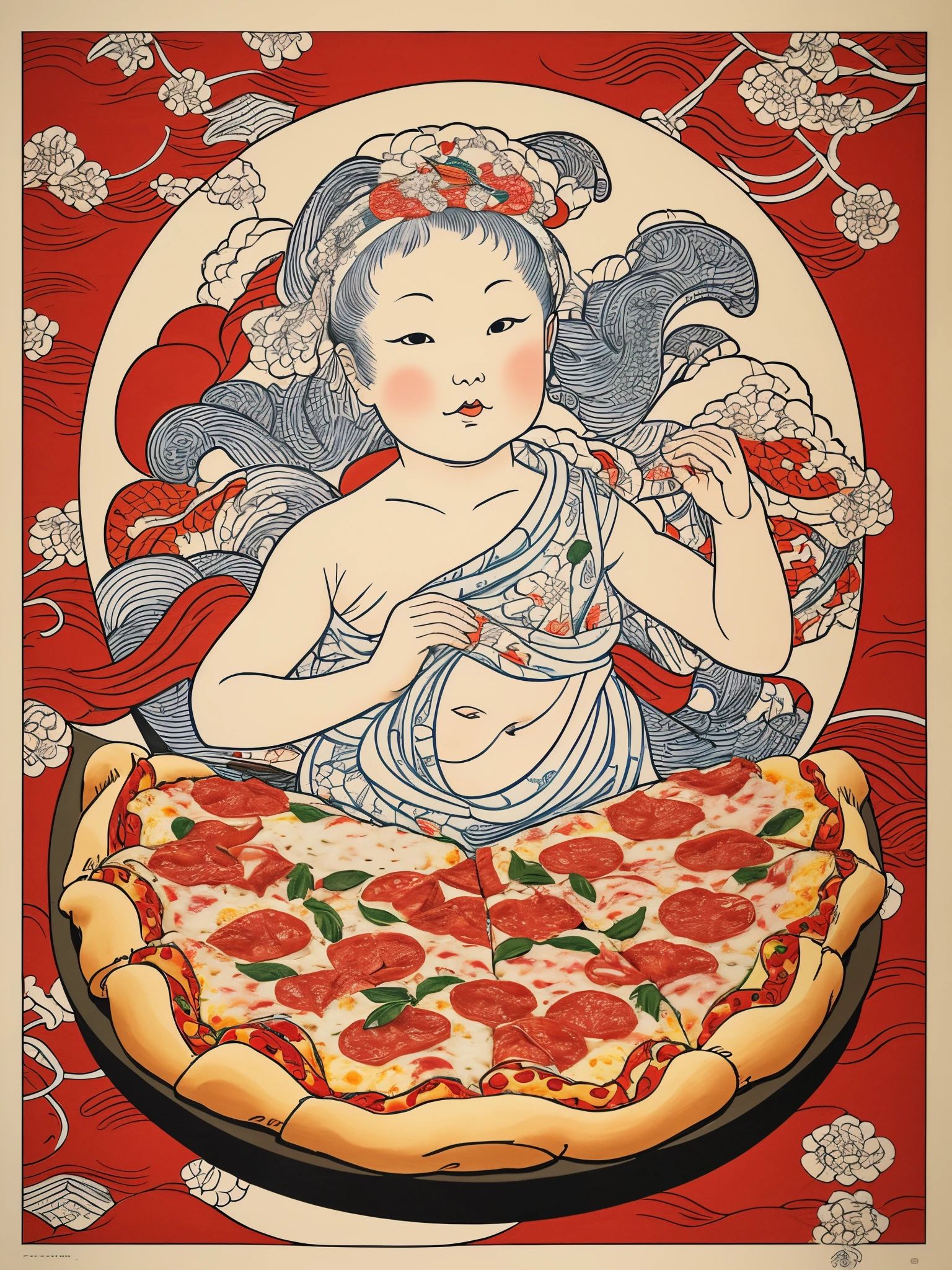 ukiyo-e,Pizza baby, intricate design, poster, Japanese, an infant with a pizza pie, SFW