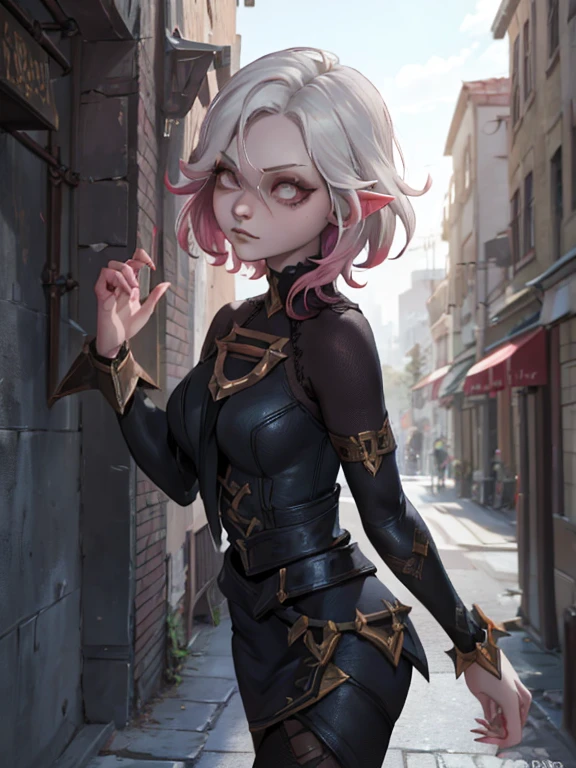 (masterpiece, best quality, ultra-detailed), 1girl, briar, league of legends, grey skin, white hair, white eyes, short hair, (pointy ears), looking at viewer, walking, in the city, aerial shot, focus on face