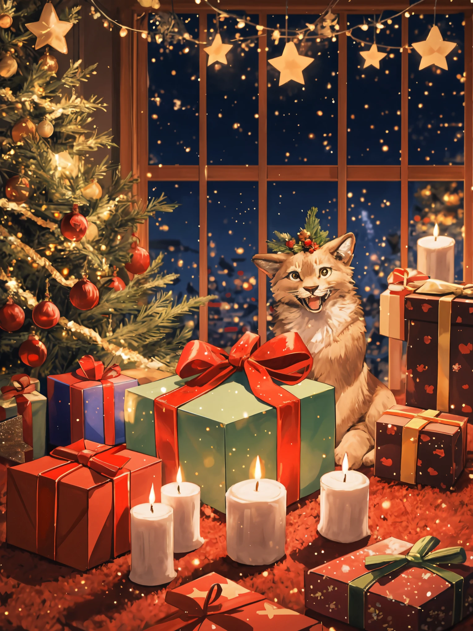 (best quality,4k,8k,highres,masterpiece:1.2),ultra-detailed,realistic,gifts,table,Christmas tree,decorations,wrapping ,bows,ribbon,presents,holiday spirit,vibrant colors,warm lighting,cozy atmosphere,toys,cards,candles,snowflakes,joyful,celebration,exquisite details,exciting surprises,shiny ornaments,sparkling tinsel,beautifully wrapped,excited children,anticipation,festive mood,magical ambiance,delightful moment,wonderful memories,family gathering,cheerful faces,Christmas magic,extravagant,abundance of presents,HDR,UHD,studio lighting,ultra-fine painting,sharp focus,physically-based rendering,professional,vivid colors,bokeh.