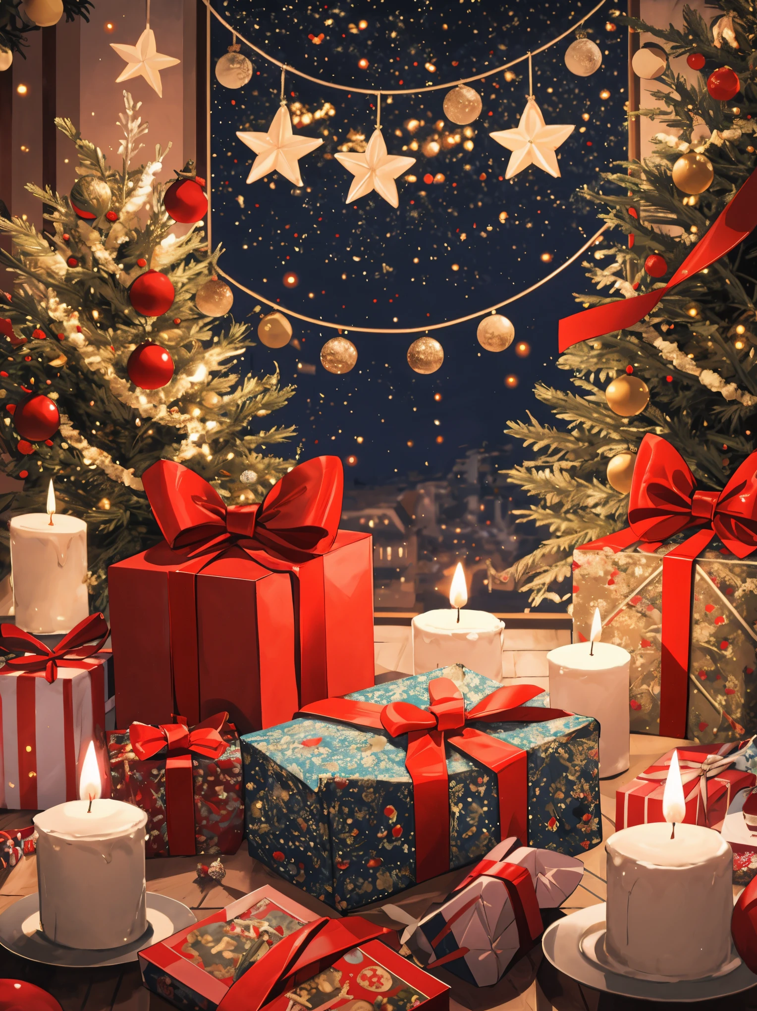 (best quality,4k,8k,highres,masterpiece:1.2),ultra-detailed,realistic,gifts,table,Christmas tree,decorations,wrapping ,bows,ribbon,presents,holiday spirit,vibrant colors,warm lighting,cozy atmosphere,toys,cards,candles,snowflakes,joyful,celebration,exquisite details,exciting surprises,shiny ornaments,sparkling tinsel,beautifully wrapped,excited children,anticipation,festive mood,magical ambiance,delightful moment,wonderful memories,family gathering,cheerful faces,Christmas magic,extravagant,abundance of presents,HDR,UHD,studio lighting,ultra-fine painting,sharp focus,physically-based rendering,professional,vivid colors,bokeh.