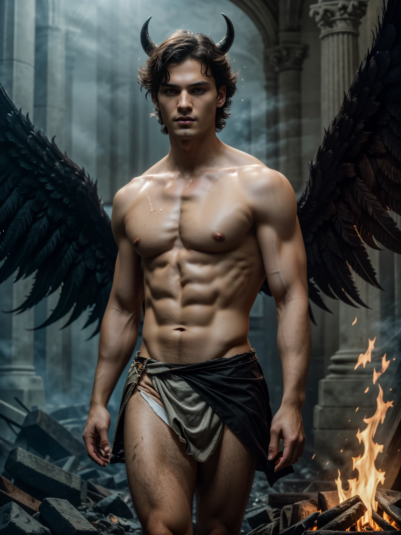 ((masterpiece)),((bestquality)),8k, high detailed, ultra-detailed, Stylish Pose, real skin texture, cinematic lighting, 21 year old male model, handsome, walking over burning coal, cute looking, evil look, black demon horns, white pale skin, blue eyes, (short brown messy hair:1), strong jawline, masculine, defined fit body, muscular, shirtless, pantless hairless chest, evil dark aesthetic. gothic architecture, hellfire ground, black massive huge angel wings, spartan loincloth, male skirt, (soft light:1.6) (dim light:1.3), dark atmosphere, cinematic lighting, backlight, Depth of field, award-winning photography, elegant, hyperrealistic, high definition, 8k resolution, highly detailed, 8k uhd, professional lighting, photon mapping, physically-based rendering