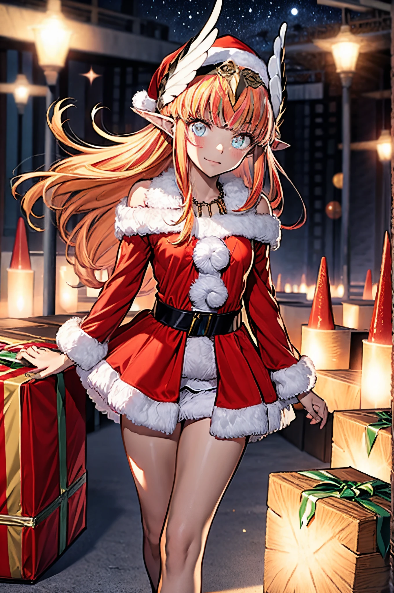 {Circe_FGO:1.15}, afiado_Ouvidos, Rosa_Hair, Santa Claus hat on head, Asas, franja, emplumado_Asas, Longas_Hair, jewel, sorrir, seios pequenos, , corar, pequeno_seios, multicolorido_olho, 1girl, pulseira, Olhando_em_visualizador, , tiara,fantasia de papai noel, red santa claus hat, roupas de papai noel, Enxoval de Nemal, roupas, roupas vermelhas de nemal, in the space, presentes em segundo plano, best quality, piece of master, alto, soio,