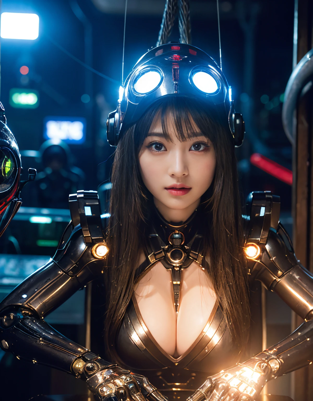 (1 mechanical girl and 1 alien)、(Mystical expression)、top-quality、masterpiece、超A high resolution、(Photorealsitic:1.4)、Raw photo、1人、glowy skin、(((1 Mechanical Girl)))、((transparent crystal suit bodysuit、The body can see through)).(Natural alien background to fight aliens)、(Small LED)、((super realistic details))),globalillumination、Shadow、octan render、8K、ultrasharp、Robot background、Colossal tits、Raw skin exposed in the cleavage、red metal、Details of complex ornaments、Japan details、highly intricate detail、Realistic light、(Mystical expression),CG Society Trenlow Eyes、Eyes shining towards the camera、Mechanical marginal blood vessels connected to neon detail tubes)、(Wires and cables connecting to the head)、Small LED、,Mechanical thighs、Toostock、(Hands are also made of machines)、机器人、future alien、Please wear a mechanical helmet、