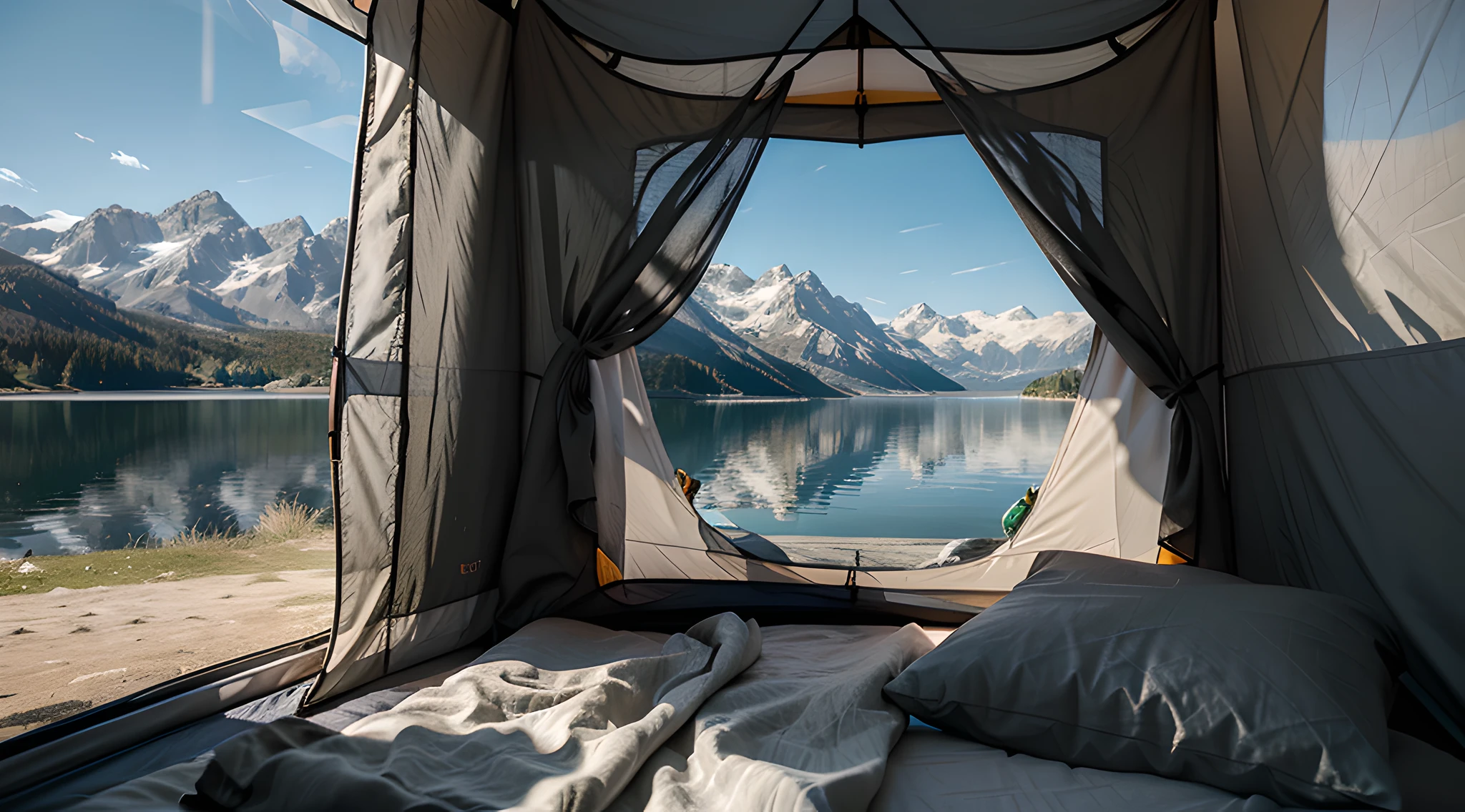 woman sleeping in a tent, interior of a tent overlooking the lake, Photorealistic, hiquality, 8K, high detail,