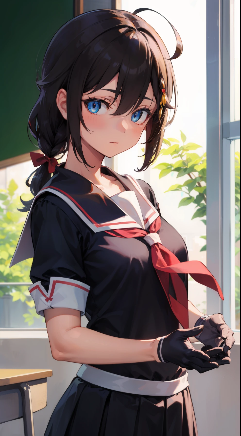 shigure, shigure, ahoge, brown hair, blue eyes, braid, hair ornament, hair over shoulder, long hair, single braid, hair flaps, (small breast:1.2),
BREAK black gloves, black serafuku, black shirt, black skirt, fingerless gloves, gloves, neckerchief, pleated skirt, red neckerchief, sailor collar, school uniform, serafuku, shirt, skirt, white sailor collar,
BREAK looking at viewer, 
BREAK indoors, classroom,
BREAK (masterpiece:1.2), best quality, high resolution, unity 8k wallpaper, (illustration:0.8), (beautiful detailed eyes:1.6), extremely detailed face, perfect lighting, extremely detailed CG, (perfect hands, perfect anatomy),