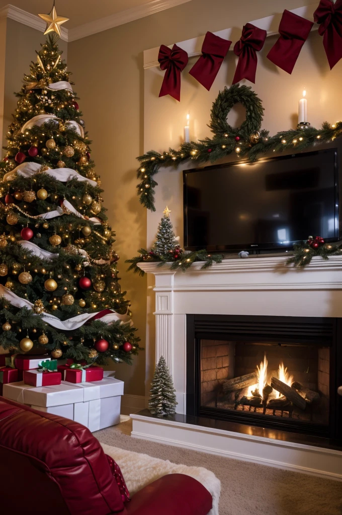 living room with chritsmas decoration with grinch, a big christmas tree, a fireplace (RAW photo, real, best quality, masterpiece:1.2), detailed, (hyper realistic, photo-realistic:1.2), high quality, (dark lighting:1.2), perfect lighting